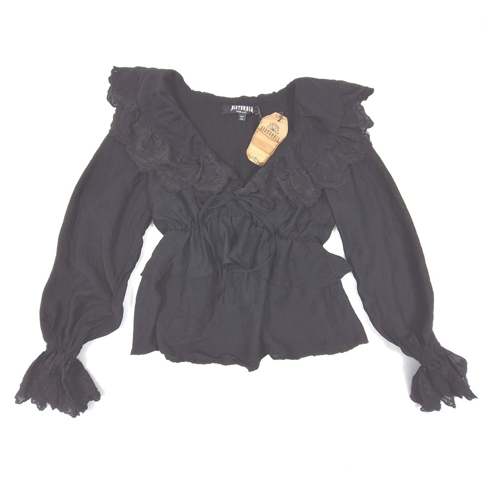Disturbia Ottie Ruffle Neck Blouse Womens US 2 Black Tie Front Gothic Top T04173